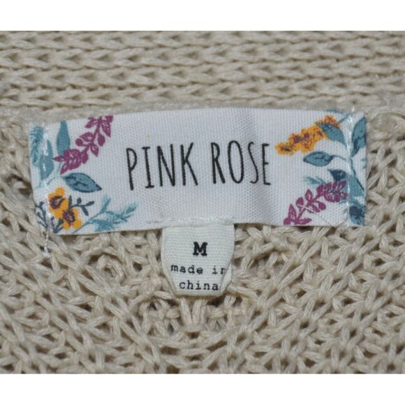 Pink Rose Oatmeal Tan Crochet Open Front Cardigan Sweater Size M Pockets Office - Picture 10 of 12